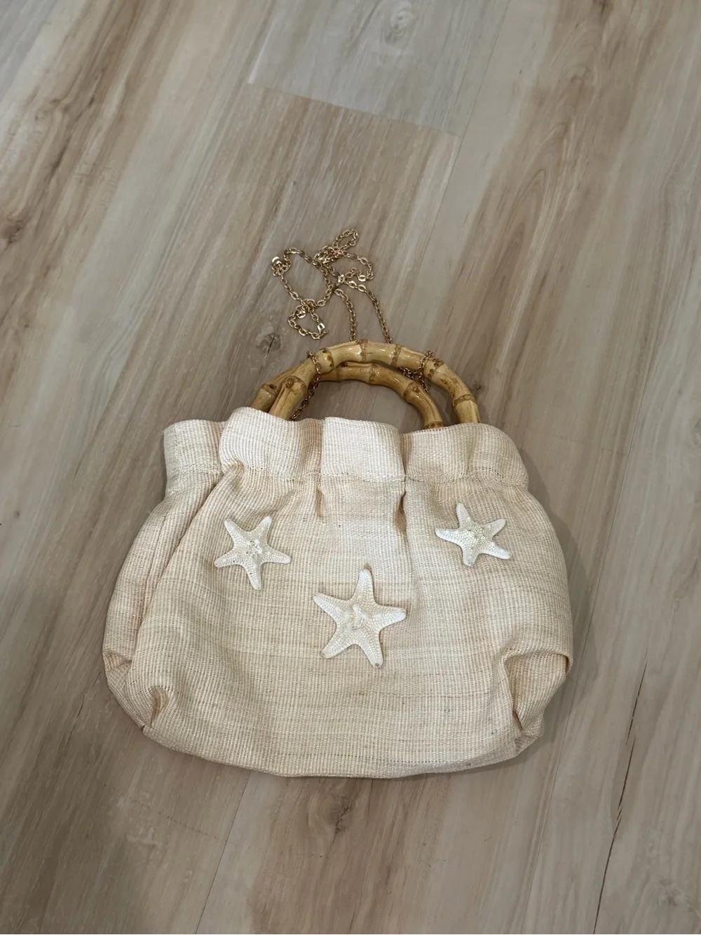 Beige Starfish Accent Straw Tote with Bamboo Handles